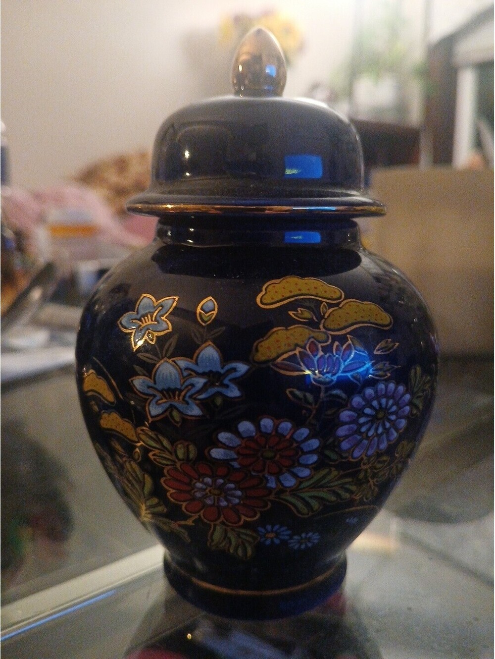 Vintage Kutani Cobalt Blue Floral Ginger Jar Vase & Lid 4 1/2" High